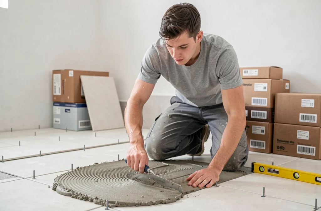 Apprenti carreleur étalant de la colle sur un sol béton avant la pose de carreaux en Anjou