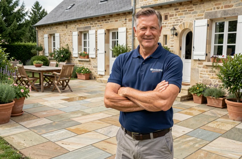 Artisan carreleur posant devant une terrasse en pierre naturelle terminée près de Segré-en-Anjou Bleu