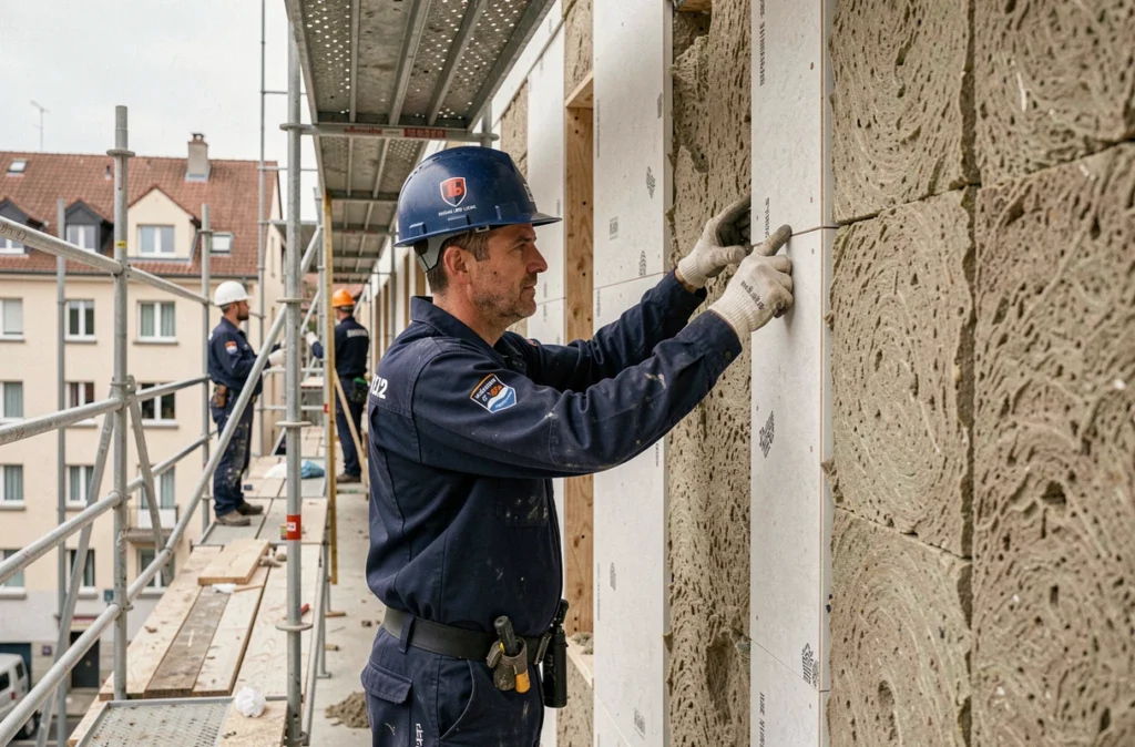 Technicien de Bâtiment Général de l'Est posant des panneaux d'isolation thermique sur une façade en Lorraine
