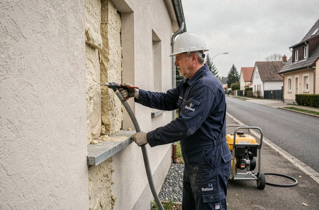 Technicien de Batisol 57 injectant de l'isolant en vrac dans le mur d'une maison à Forbach en Moselle