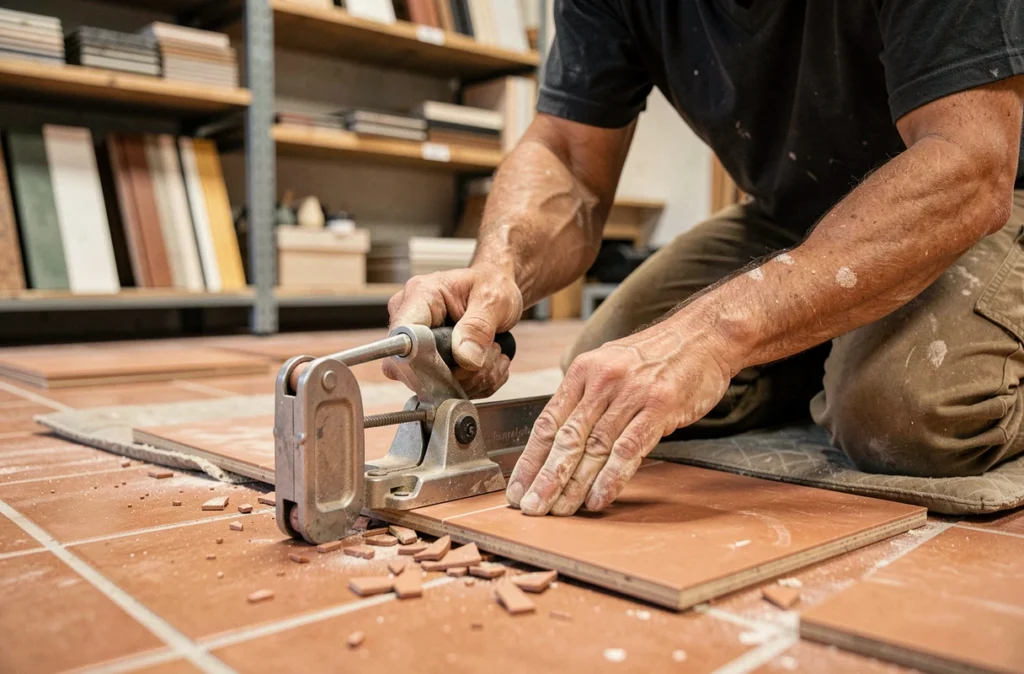 Carreleur utilisant une coupe-carreaux manuelle pour découper une terre cuite dans un atelier à Cholet