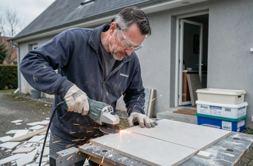 Carreleur découpant une tuile en porcelaine avec une meuleuse électrique devant une maison à Doué-en-Anjou
