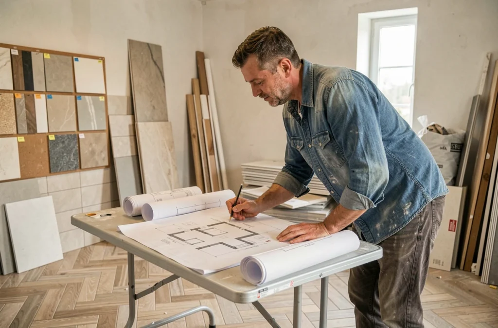 Carreleur consultant des plans architecturaux sur un chantier commercial avec carrelage en chevron à Cholet