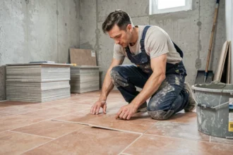 Carreleur professionnel en Maine-et-Loire posant des carreaux de sol en céramique dans une salle de bain en rénovation