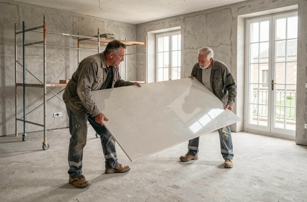 Deux carreleurs transportant une grande dalle en porcelaine dans un salon en rénovation à Saumur