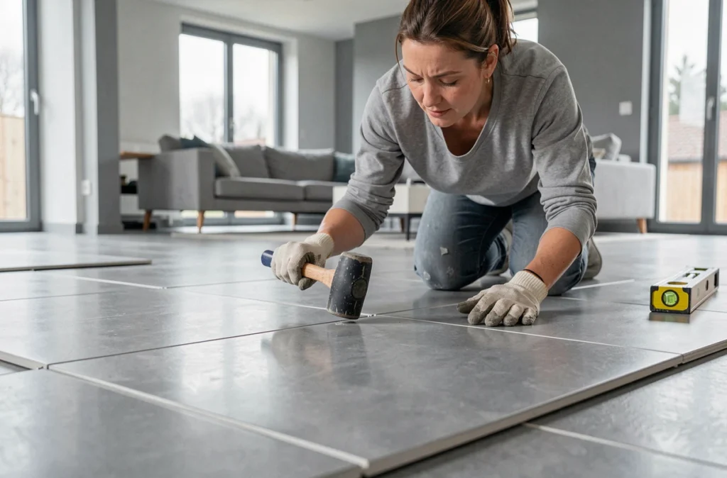 Carreleuse ajustant un grand carrelage au maillet en caoutchouc dans un appartement à Angers