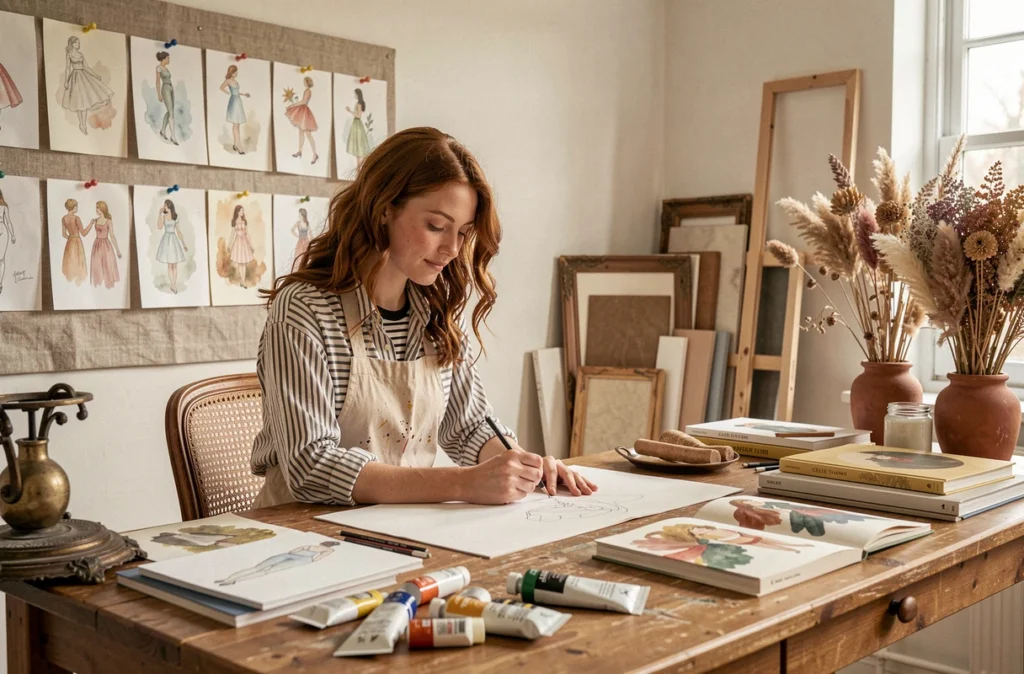 Atelier de Célie Evanno décoratrice intérieure avec croquis aquarelle, objets chinés et plantes séchées