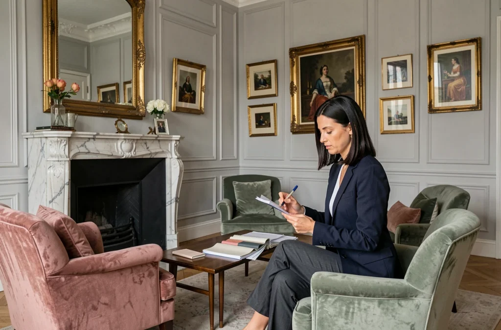 Décoration intérieure Claire Troadec avec salon élégant de style nantais, velours et moulures classiques
