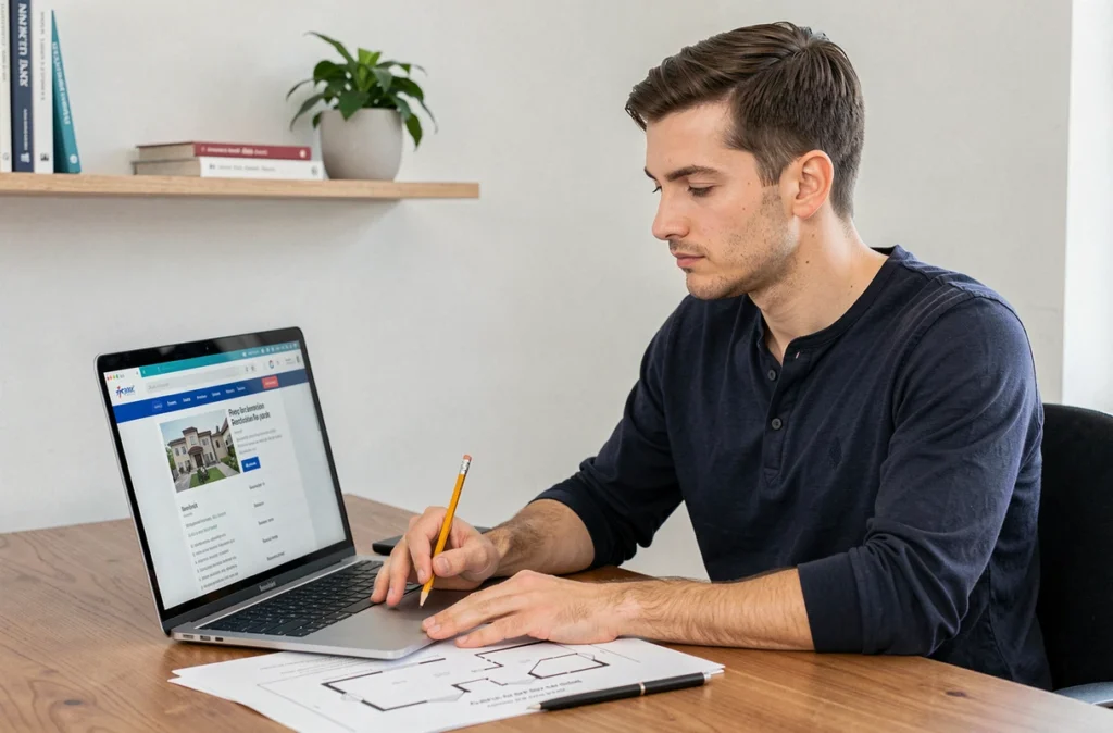 Homme consultant un devis de rénovation en ligne sur ordinateur pour son premier achat immobilier