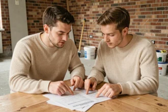 Jeune couple examinant un devis de rénovation dans leur premier appartement en cours de travaux