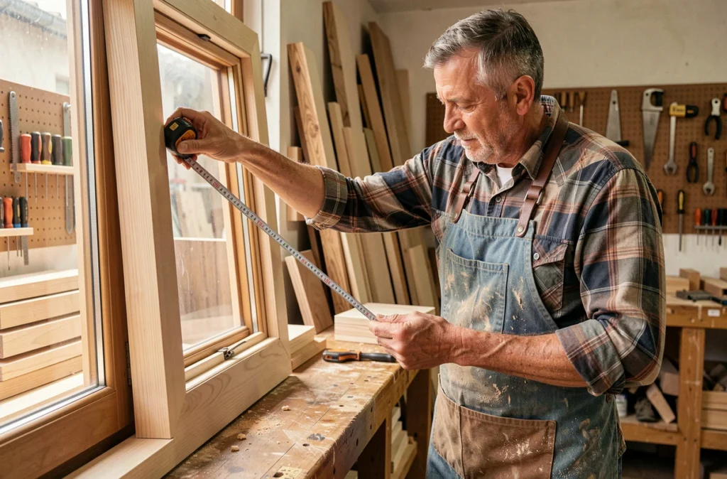Menuisier expert mesurant un cadre de fenêtre en bois dans l'atelier de Cros Menuiserie Agencements à Montpellier