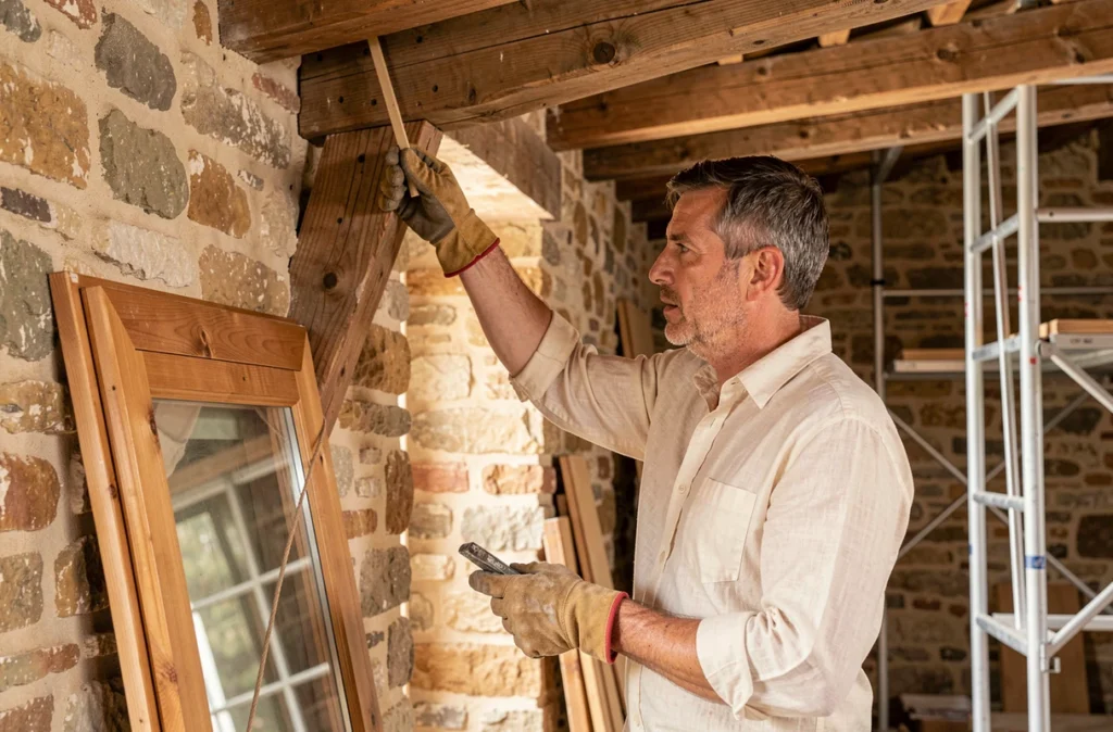 Charpentier-menuisier ajustant un cadre de fenêtre en bois dans une maison de ville en rénovation à Montpellier pour Deltadesign Agencement