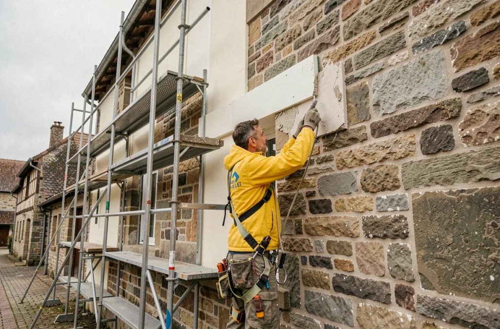 Façadier de Façades de l'Est isolant l'extérieur d'une maison en pierre dans un village de Moselle