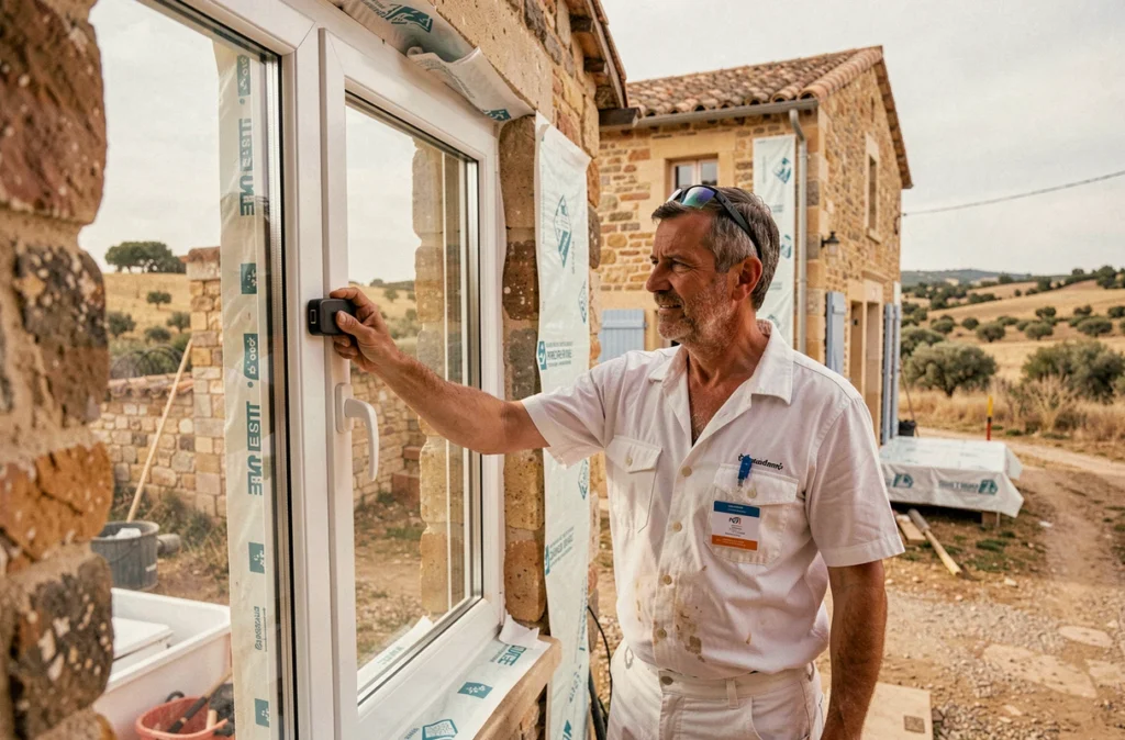 Expert en rénovation énergétique posant une fenêtre triple vitrage sur une maison ancienne dans l'Hérault pour Habitat 34 Renovation