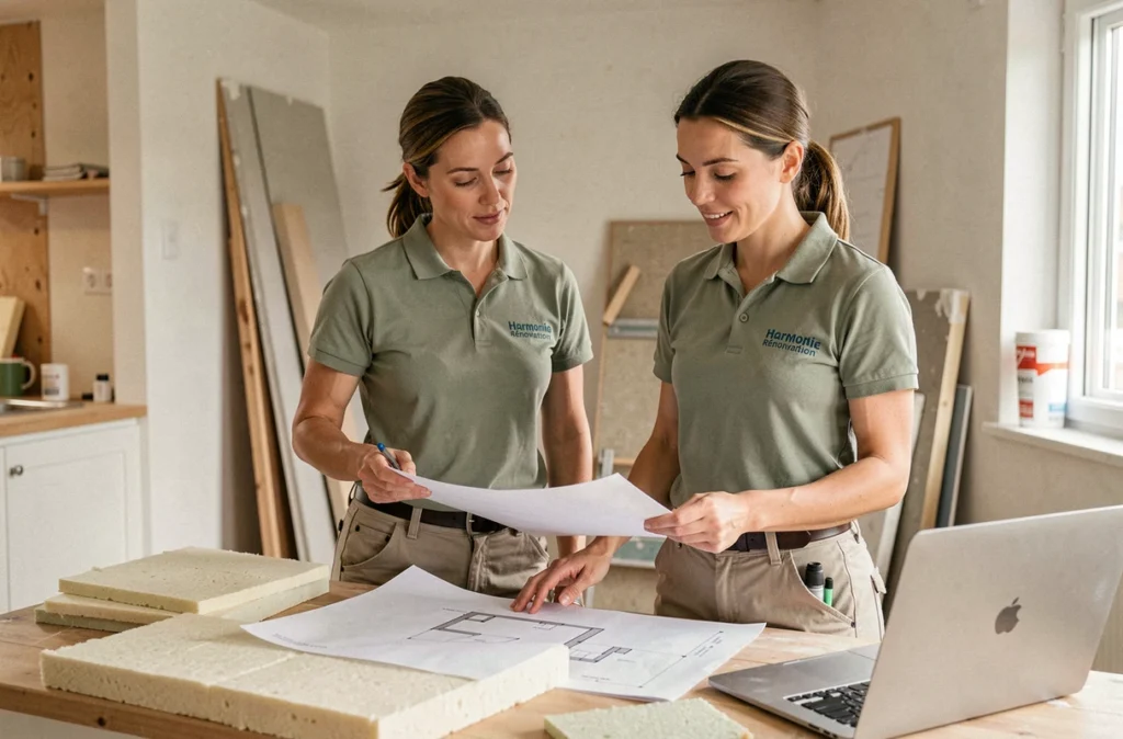 Conseillère d'Harmonie Rénovation présentant des échantillons d'isolation à un propriétaire en Moselle