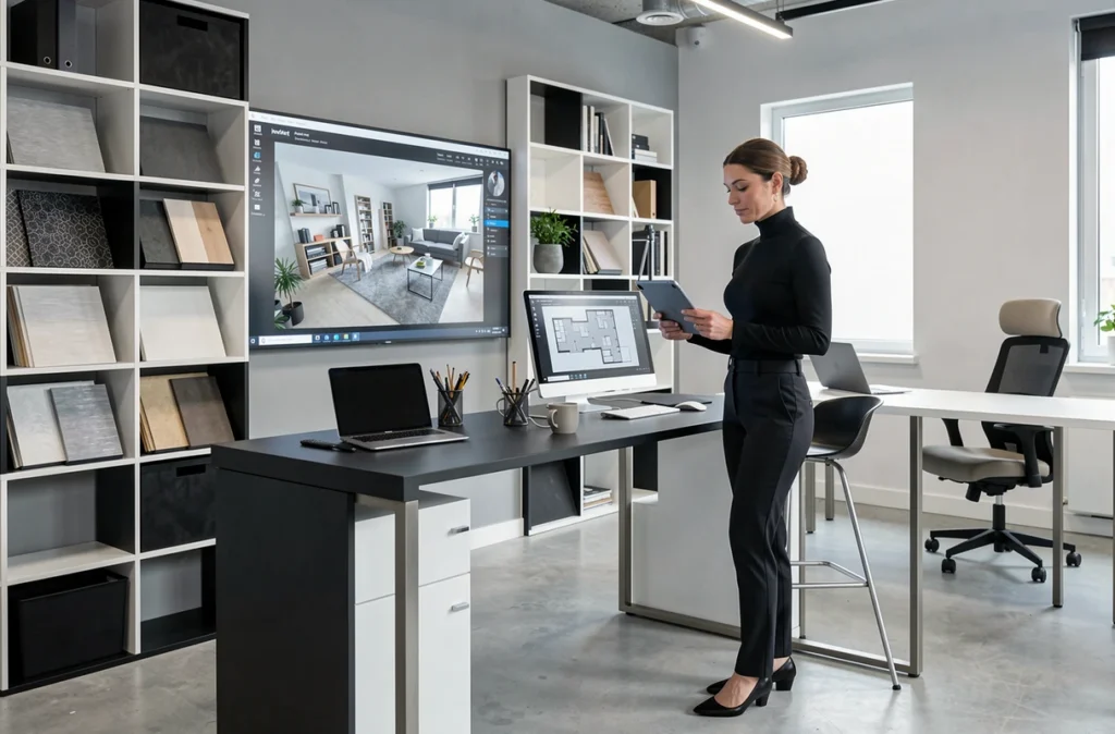 Bureau Innov'Art design intérieur innovant avec outils numériques, rendus 3D et matériaux contemporains