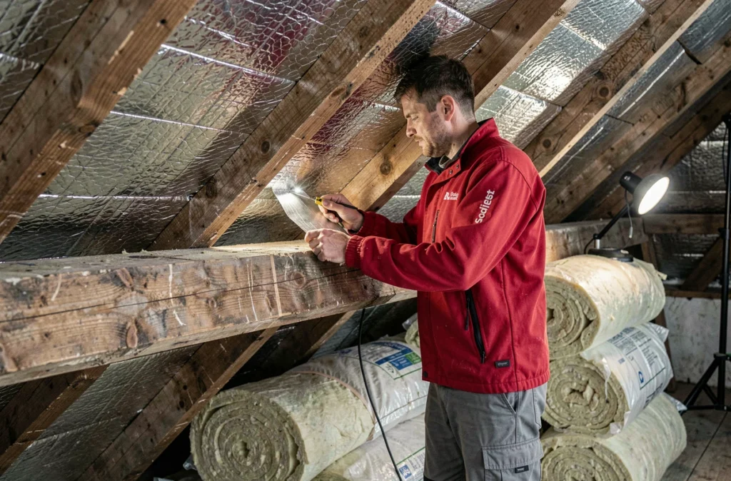 Ouvrier d'Isol'Est posant une membrane pare-vapeur dans les combles d'une maison en Moselle