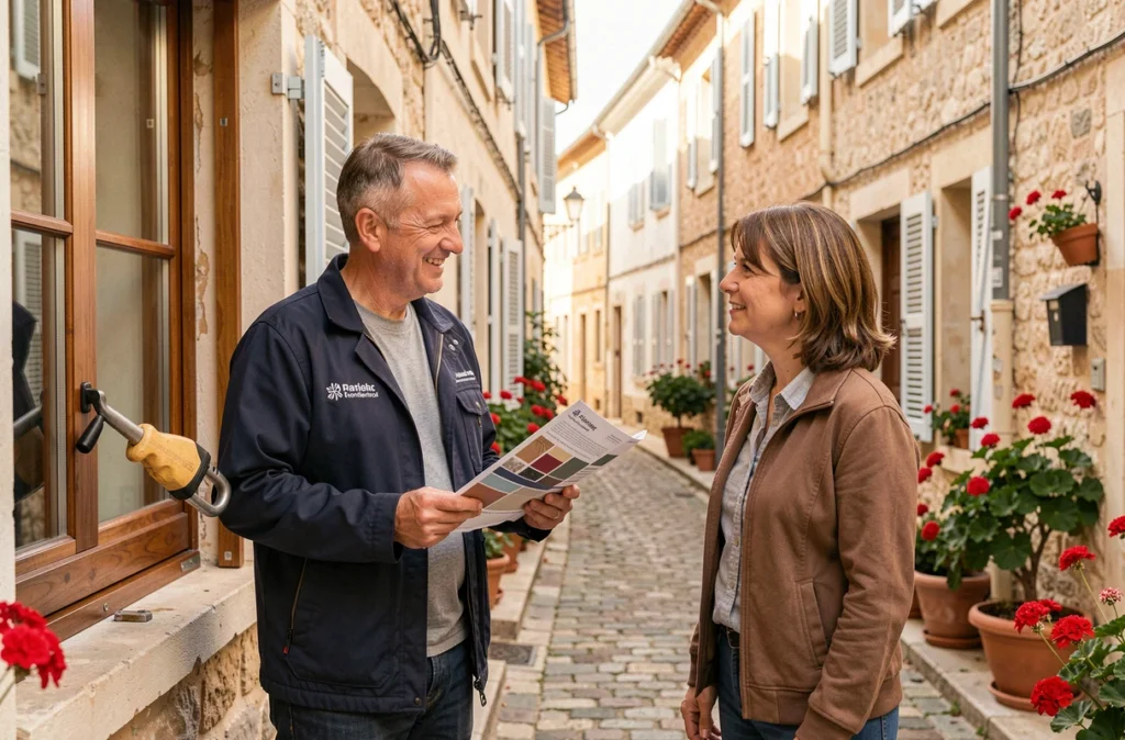 Menuisier de proximité présentant un catalogue de fenêtres à une cliente devant sa maison à Montpellier pour JDC Menuiserie