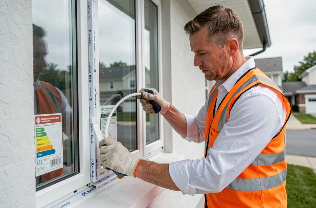 Professionnel posant une fenêtre aluminium et PVC conforme RT sur une maison rénovée pour Sud Isol Fermetures