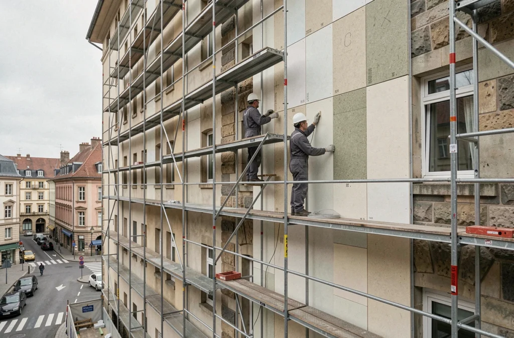 Deux techniciens de Lorraine Isolation posant un bardage isolant sur un immeuble résidentiel à Metz