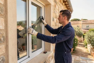 Poseur de fenêtres professionnel installant une baie vitrée sur une façade résidentielle dans l'Hérault