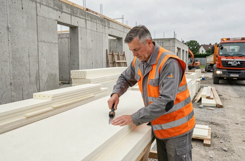 Technicien de SAS Mayer découpant des panneaux isolants rigides sur un chantier de construction neuve en Moselle