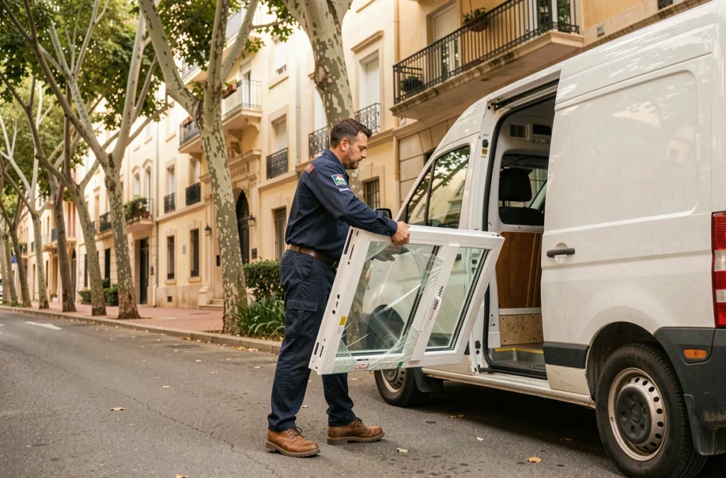 Technicien de dépannage déchargeant une fenêtre de remplacement devant un immeuble à Montpellier pour Sos Travaux