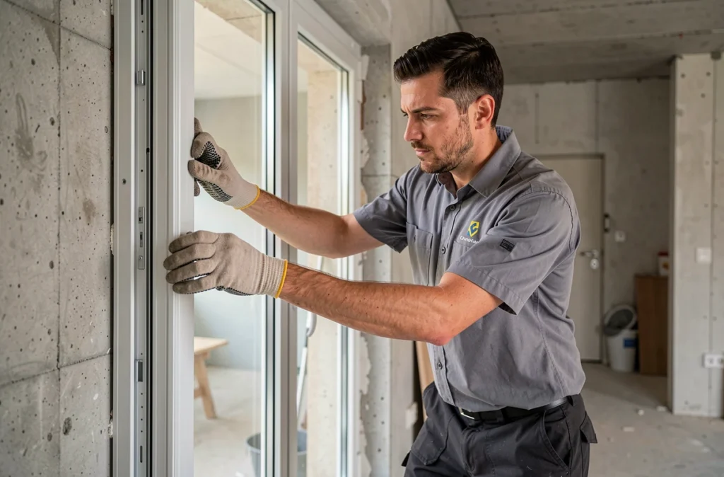 Technicien en menuiserie et fermeture installant un châssis aluminium dans un appartement à Montpellier pour SVPS