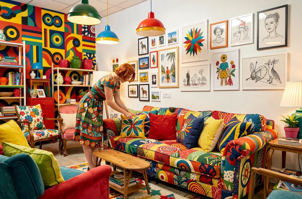 Studio Tijou décoration intérieure avec ambiance éclectique colorée, papier peint graphique et mobilier vintage