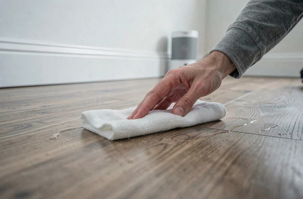 Gros plan sur un chiffon microfibre nettoyant un parquet stratifié pour éliminer les acariens et améliorer la qualité de l'air intérieur
