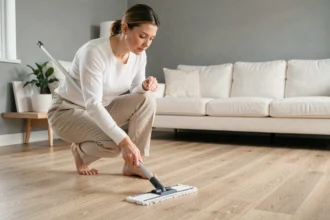 Femme nettoyant un parquet stratifié avec une serpillière microfibre humide pour réduire les acariens et les allergènes